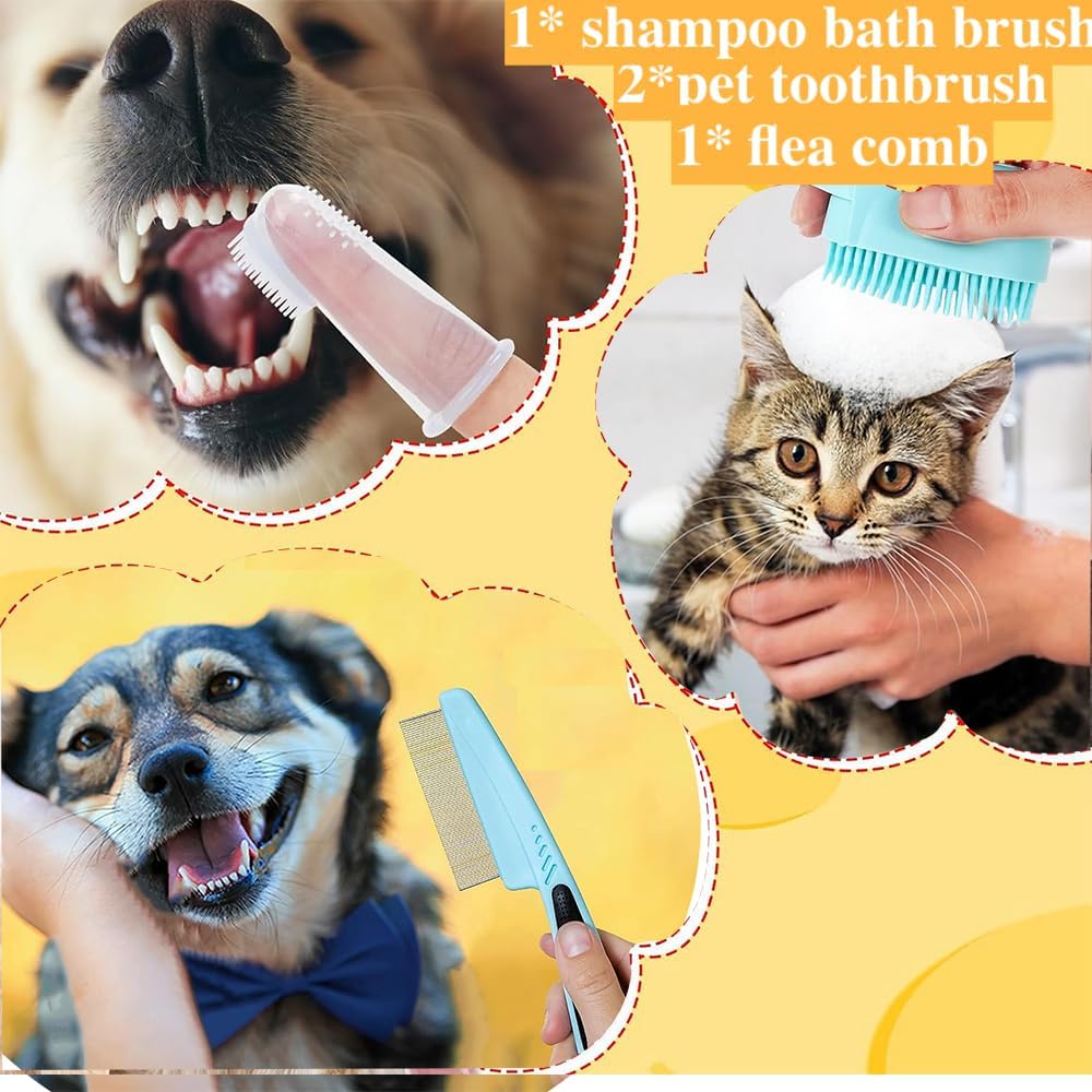 Pet Grooming Kit With brush, Nail Clipper, Flea Comb, Shampoo Bath Brush, Finger Toothbrush