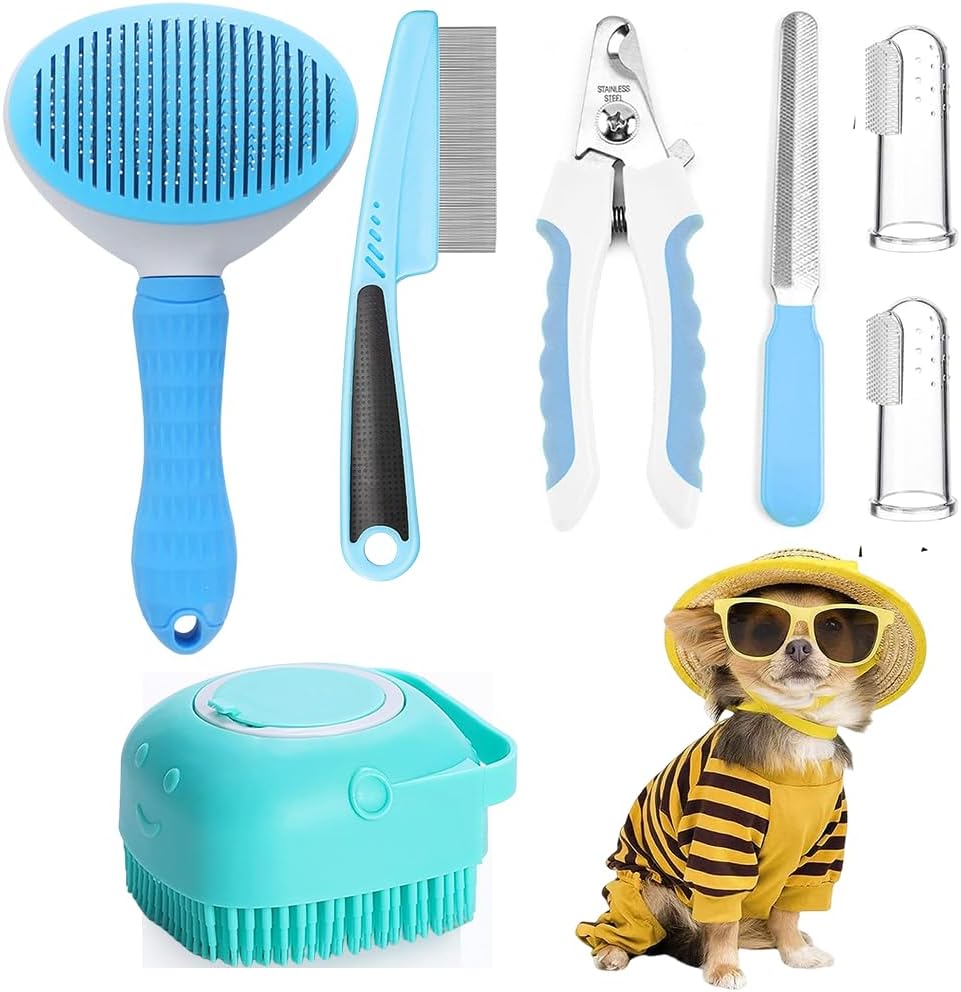 Pet Grooming Kit With brush, Nail Clipper, Flea Comb, Shampoo Bath Brush, Finger Toothbrush