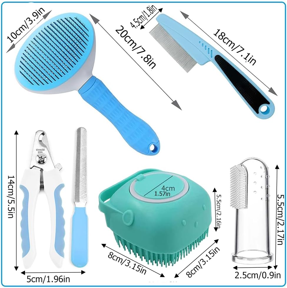 Pet Grooming Kit With brush, Nail Clipper, Flea Comb, Shampoo Bath Brush, Finger Toothbrush